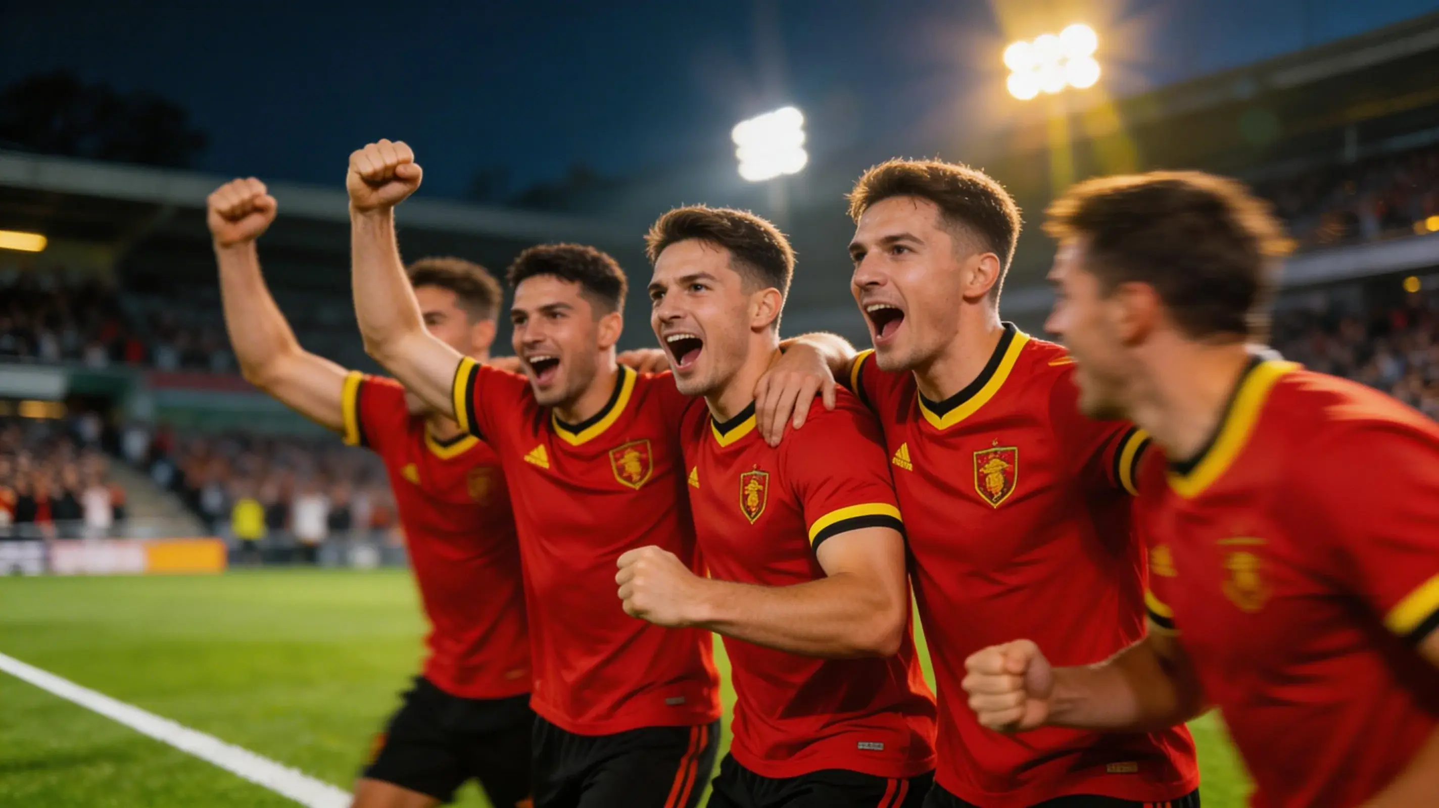 Les Diables Rouges de Belgique célèbrent un but en maillot rouge