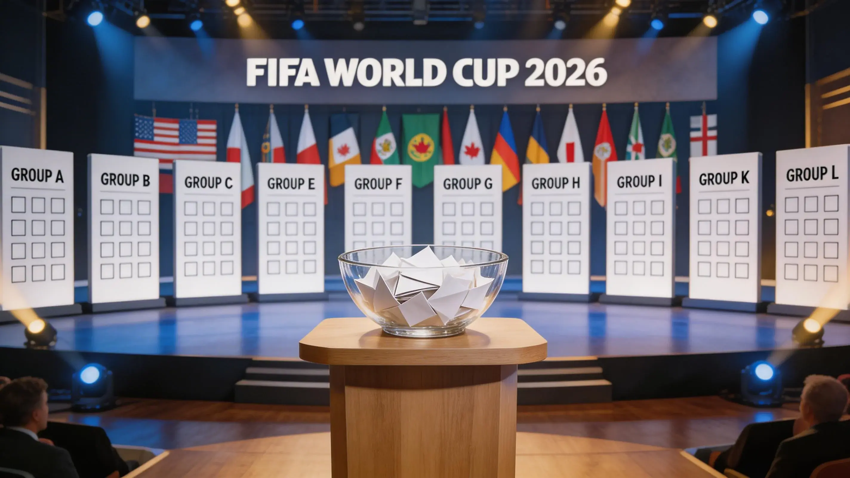 Tableau des groupes de la Coupe du Monde 2026 avec drapeaux des 48 équipes