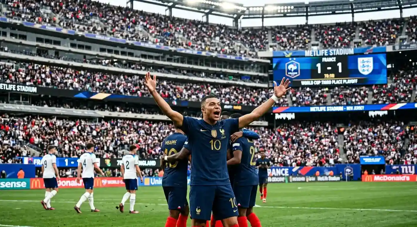 Kylian Mbappé célèbre l'un de ses deux buts contre l'Angleterre lors du match pour la 3e place