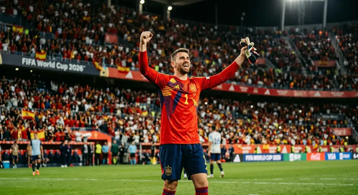 Unai Simón célèbre un clean sheet lors d'un match du Mondial 2026, Espagne en rouge