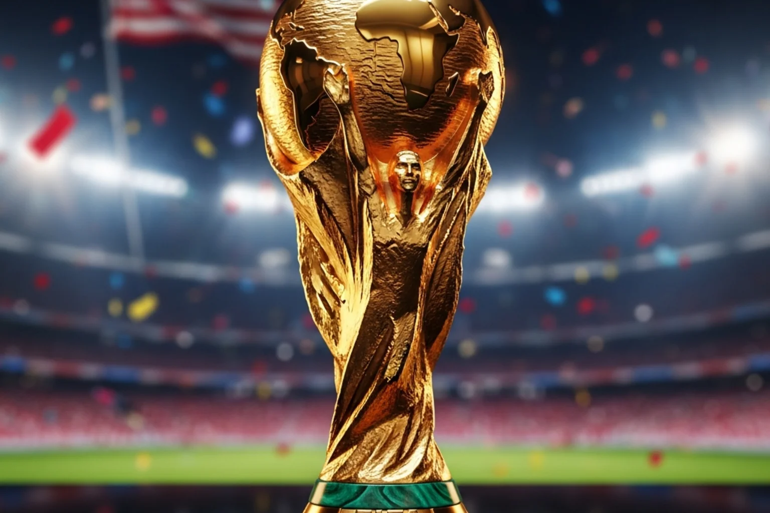 Trophée de la Coupe du Monde FIFA sur fond de stade américain avec confettis