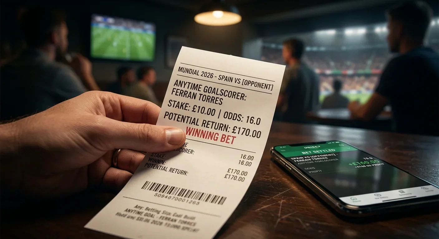 Un ticket de pari gagnant avec Ferran Torres buteur à 16.0 lors de la finale du Mondial 2026