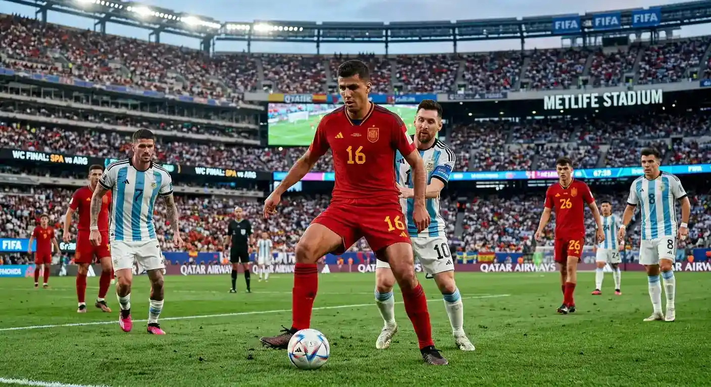 Rodri contrôle le ballon au milieu de terrain lors de la finale de la Coupe du Monde 2026