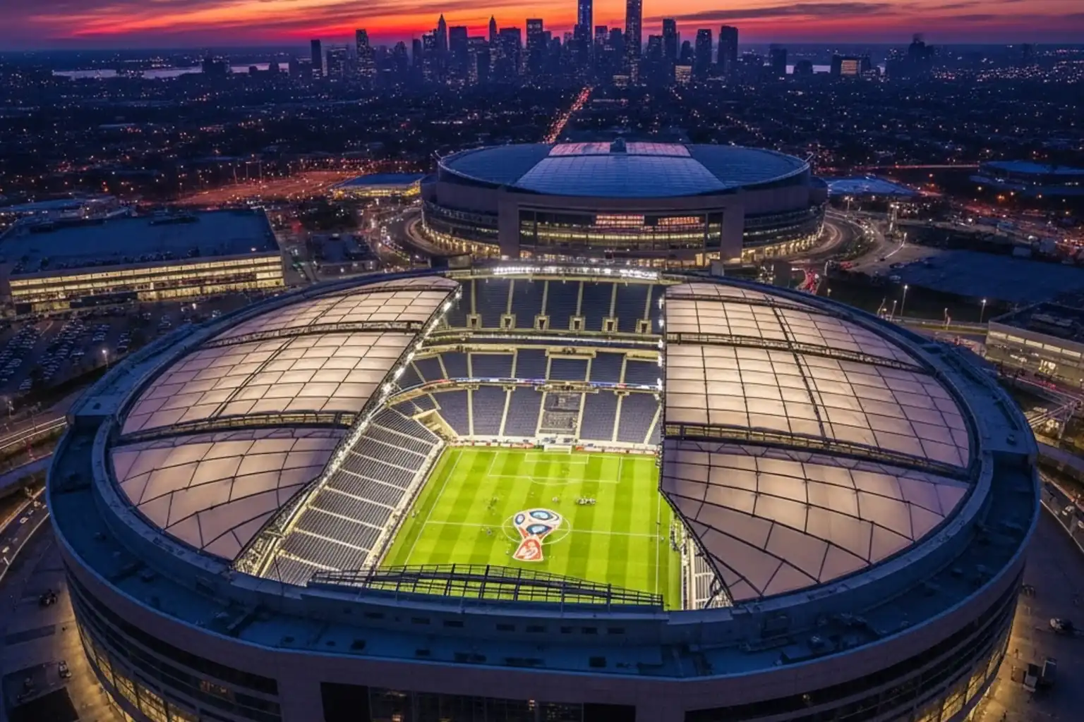 Vue aérienne du MetLife Stadium de New York illuminé pour un match de football